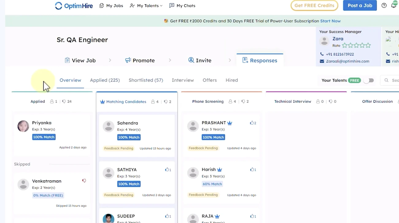OptimHire AI candidate matching dashboard interface