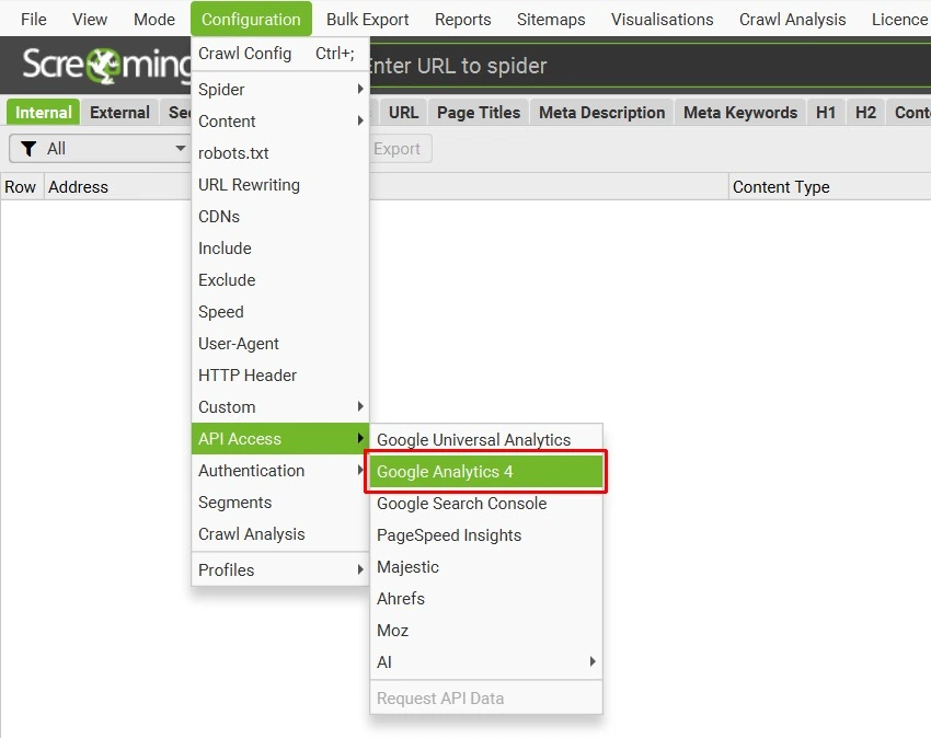 Screaming Frog connected with Google Analytics and Search Console